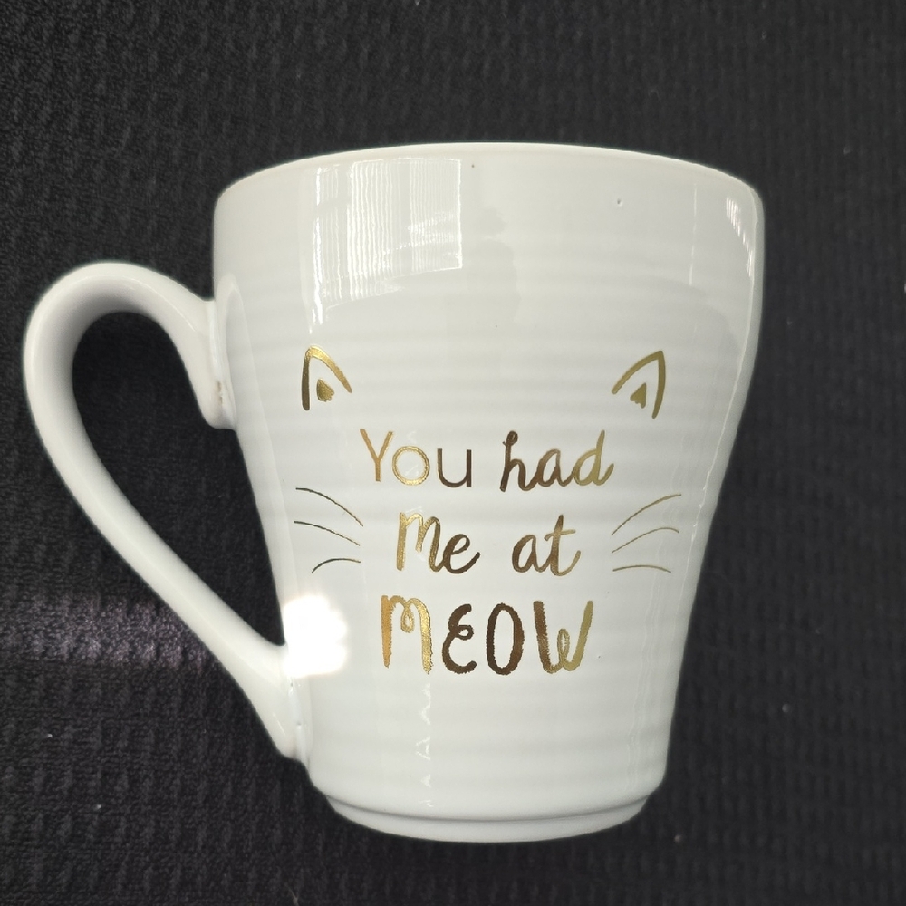 White and Gold Cat-Themed Mug "You Had Me At Meow"